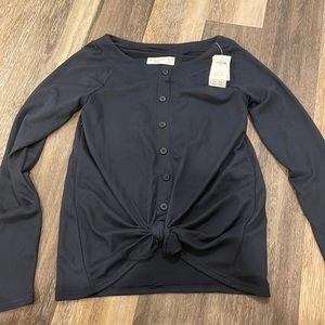 long sleeve navy front button down knot top